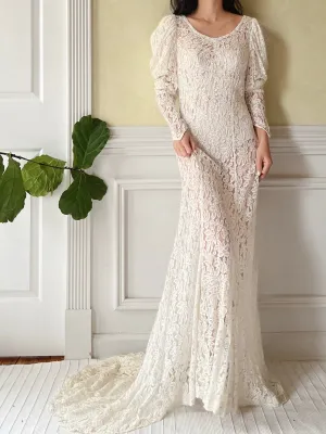1930s Puff Sleeves Lace Wedding Gown - S