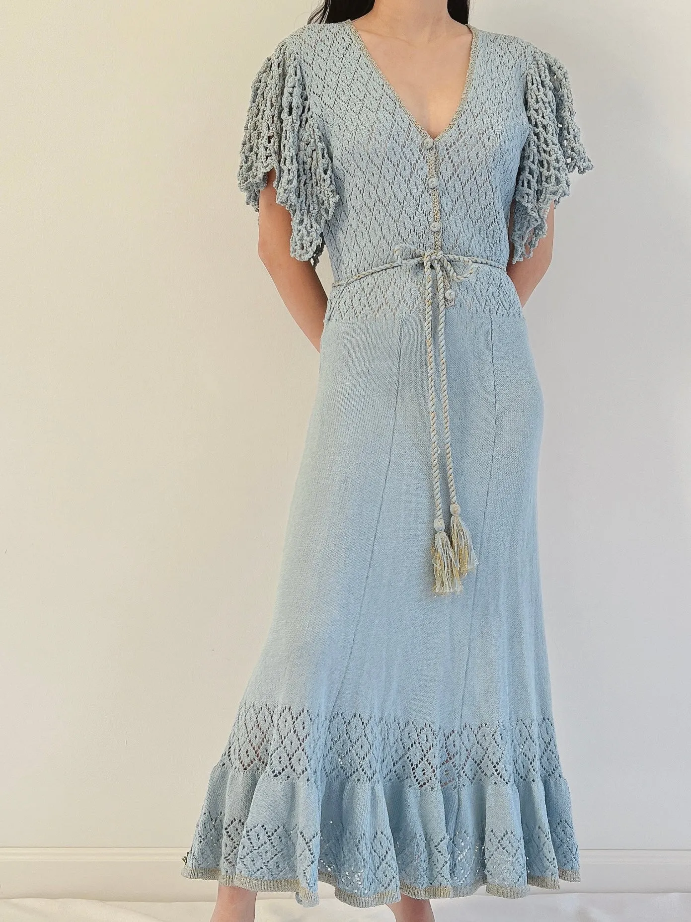 1970s Flutter Sleeves Crochet Dress - XS-M