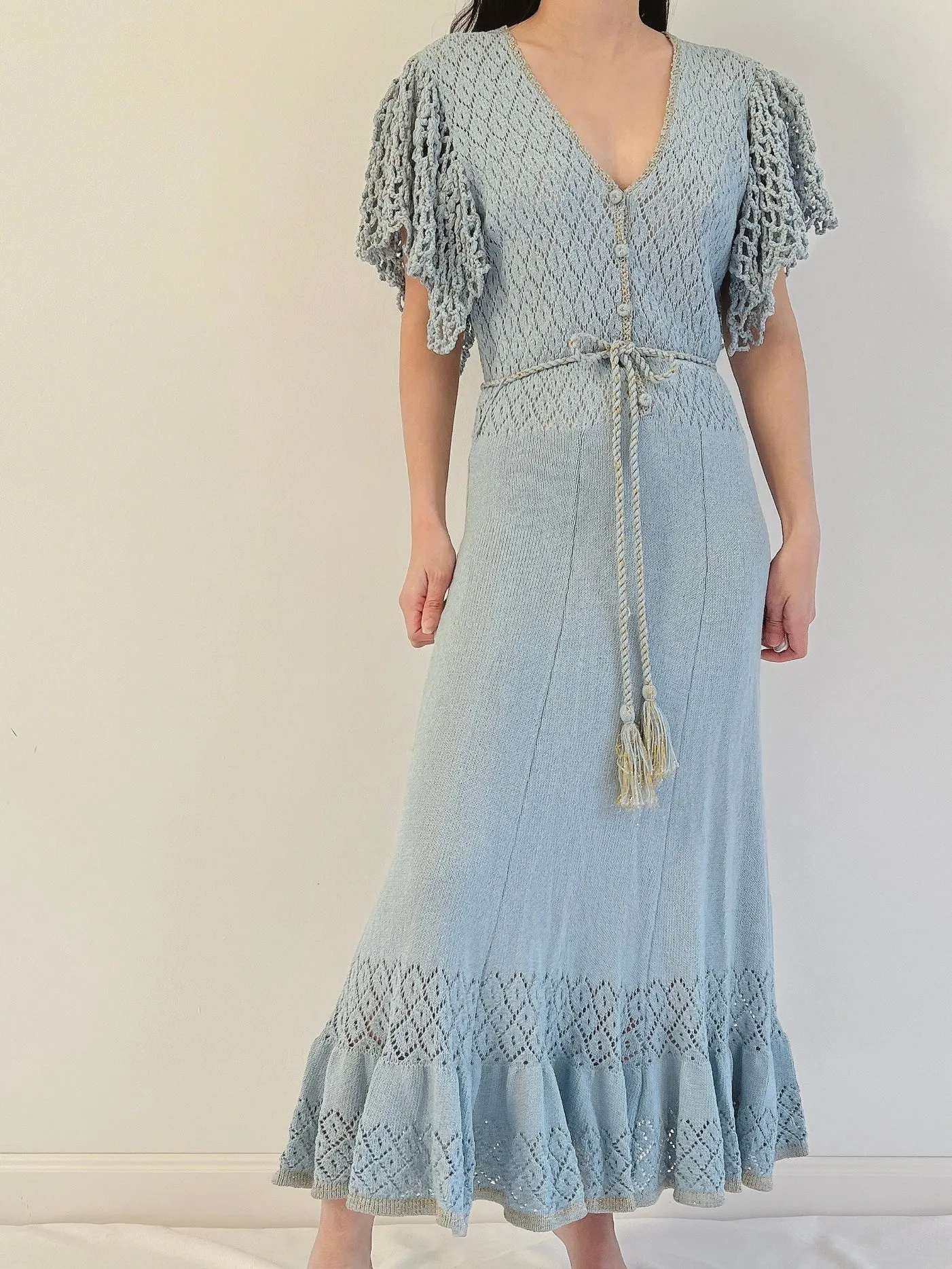 1970s Flutter Sleeves Crochet Dress - XS-M