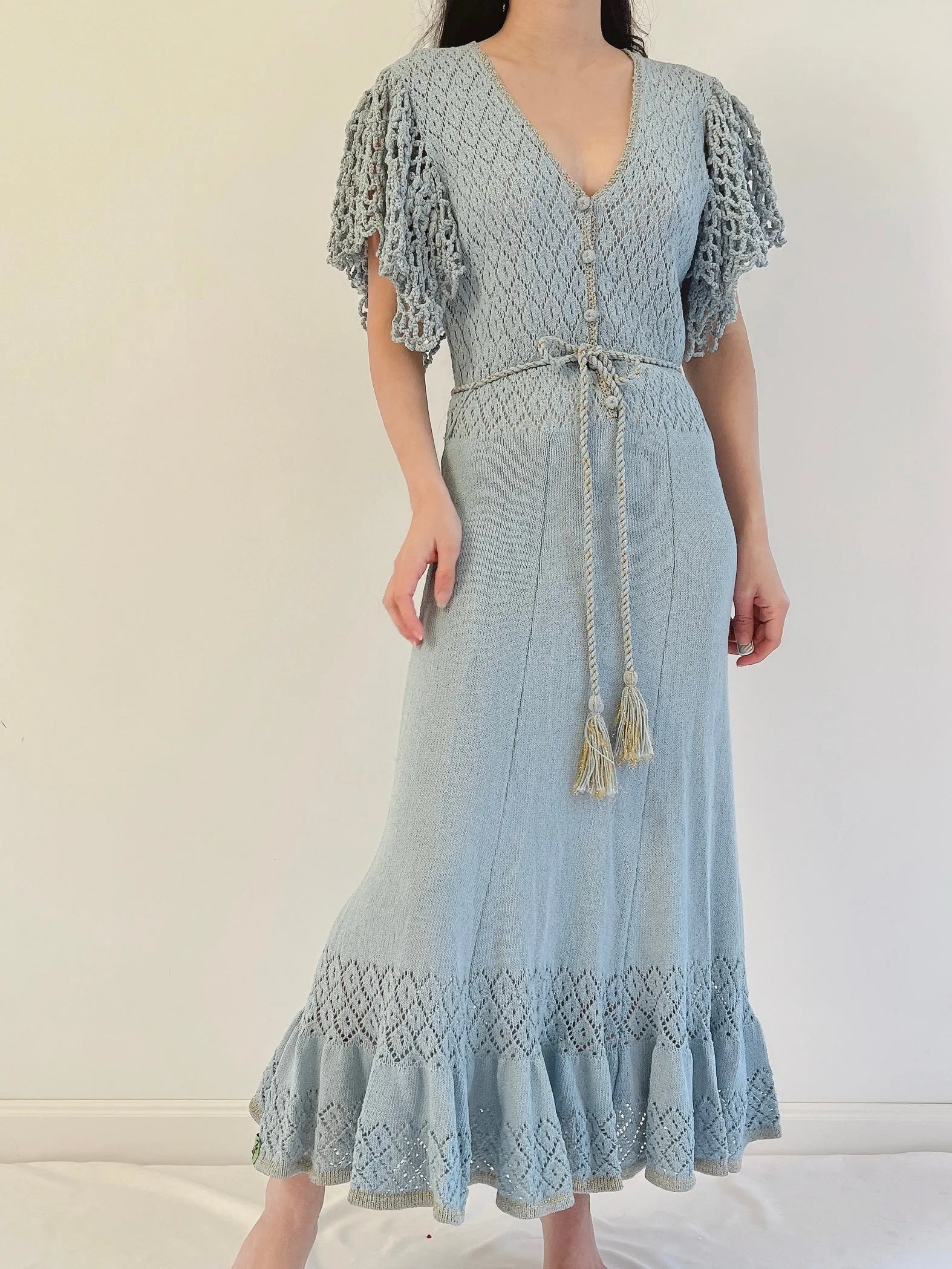 1970s Flutter Sleeves Crochet Dress - XS-M