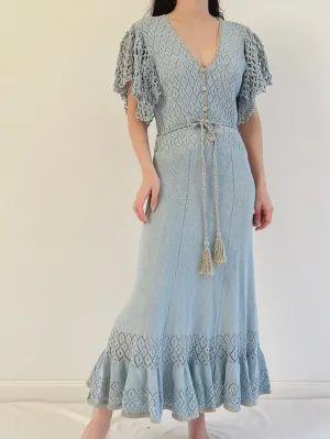 1970s Flutter Sleeves Crochet Dress - XS-M