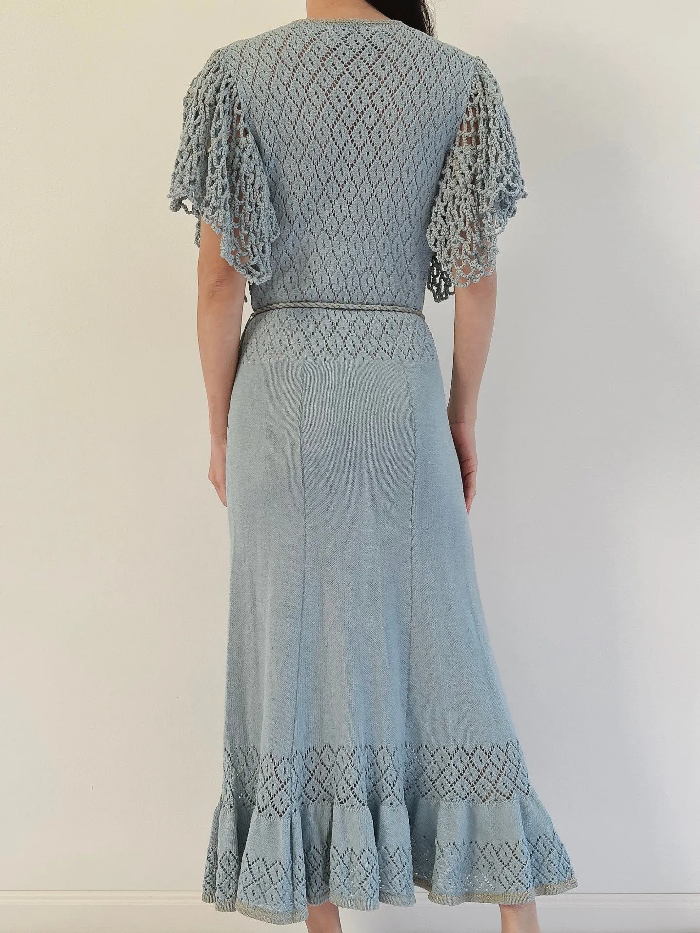 1970s Flutter Sleeves Crochet Dress - XS-M