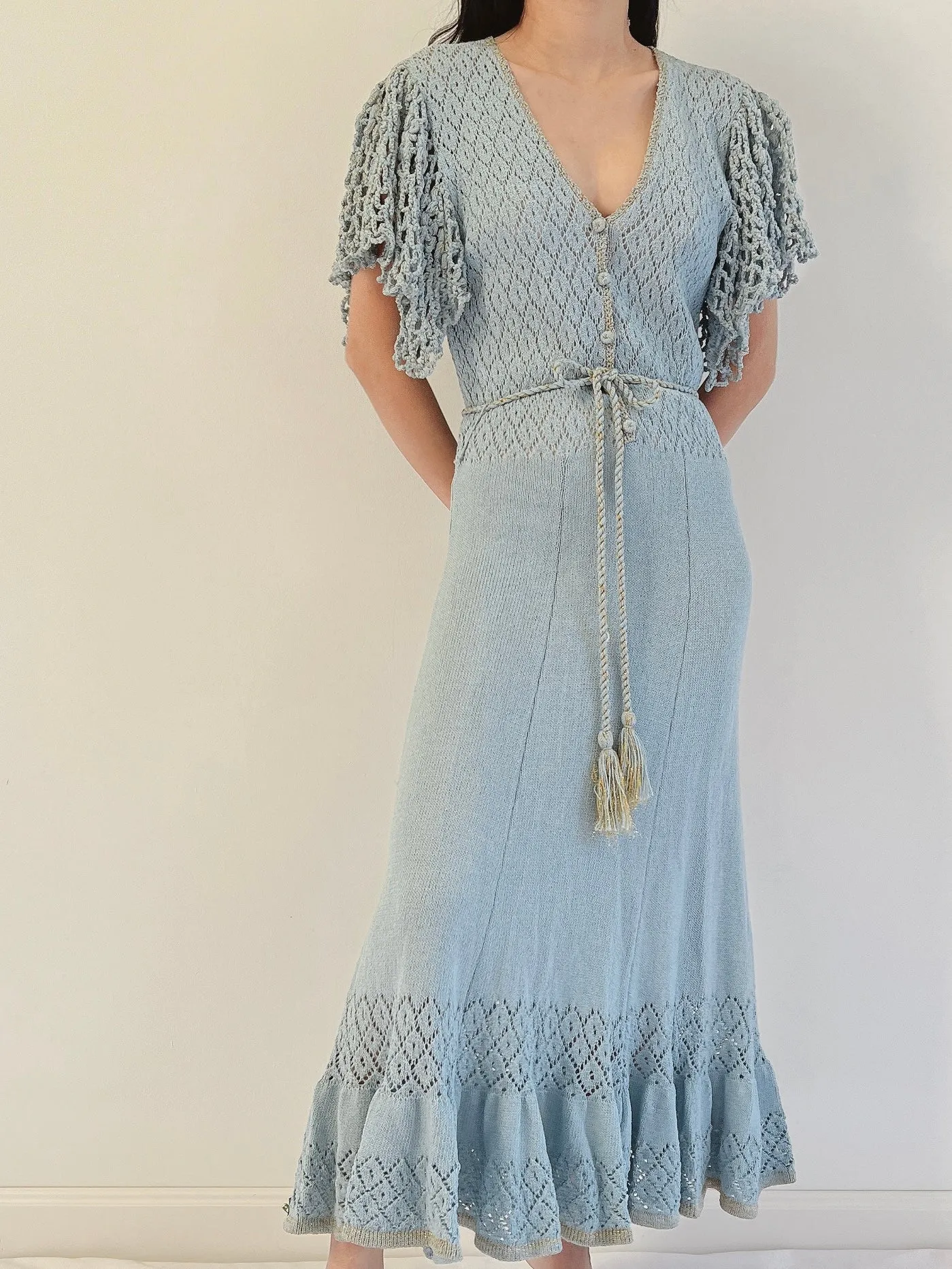 1970s Flutter Sleeves Crochet Dress - XS-M