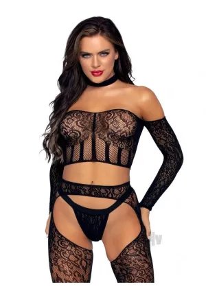 3 Pc. Halter Choker Crop Top. Suspender Hose. and  G-String - One Size - Black