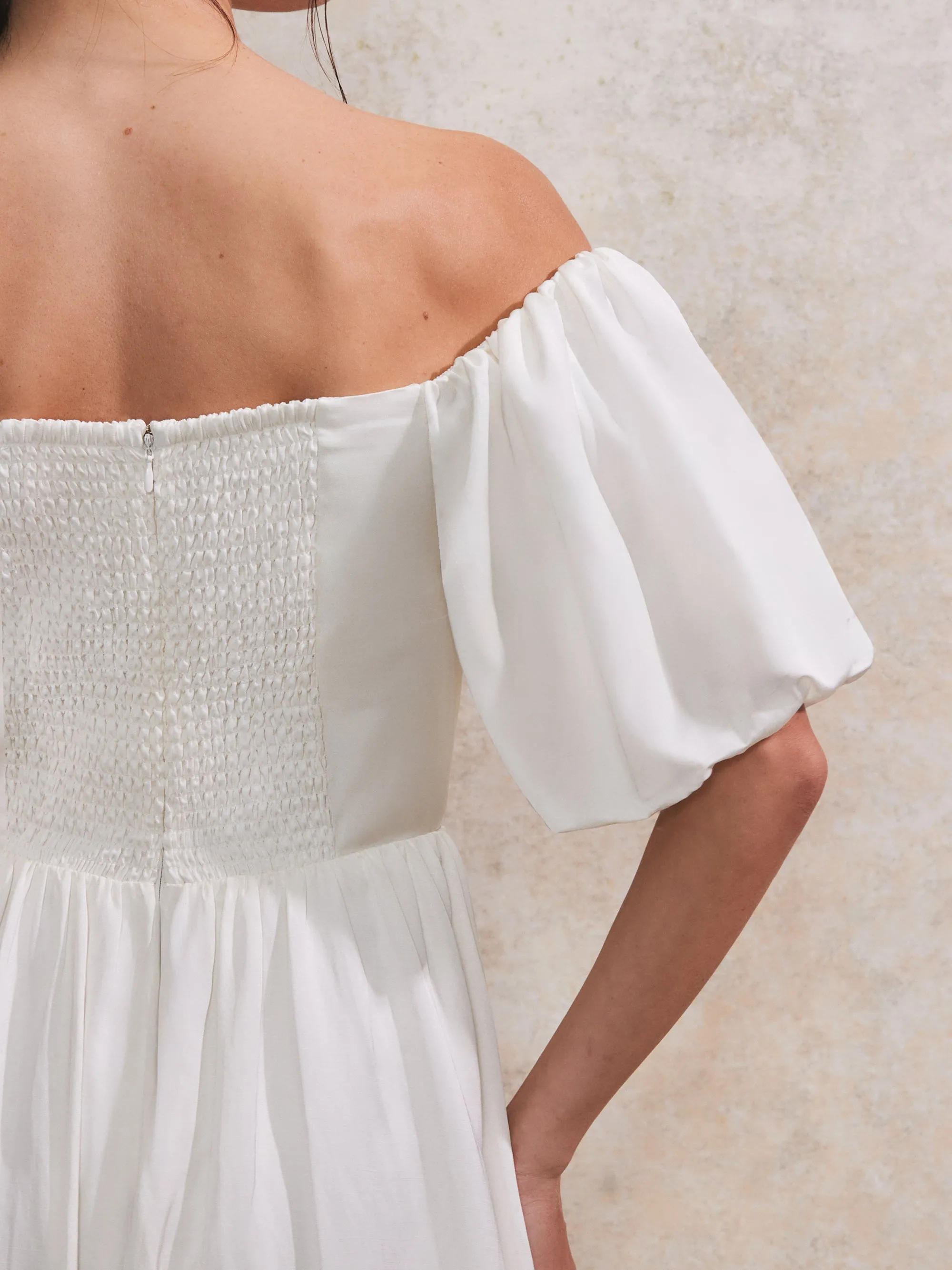 Alba Ivory Bardot Puff Sleeve Maxi Dress
