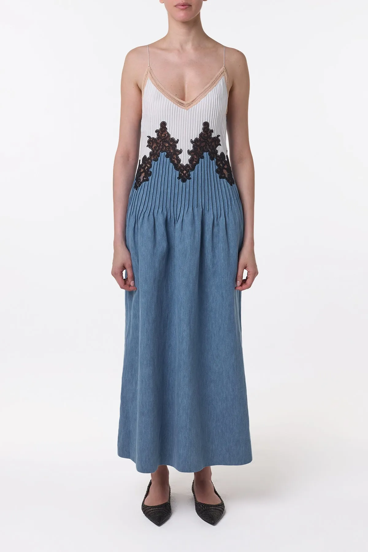 Althea Lace Slip Maxi Dress in Light Blue Recycled Cotton Linen Denim