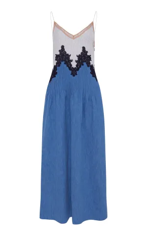 Althea Lace Slip Maxi Dress in Light Blue Recycled Cotton Linen Denim