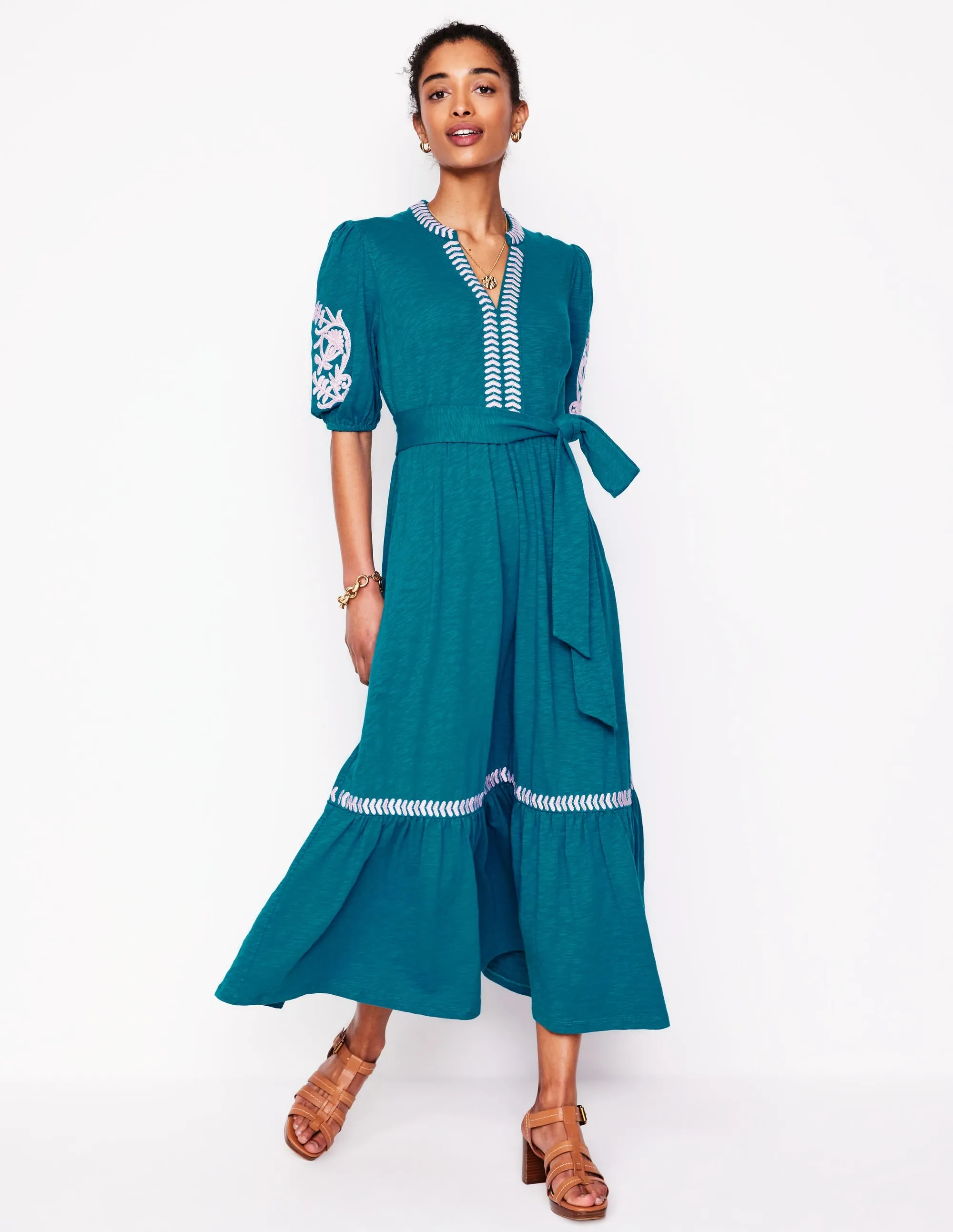 Amara Embroidered Jersey Dress-Deep Sea. Meadowsweet Pink