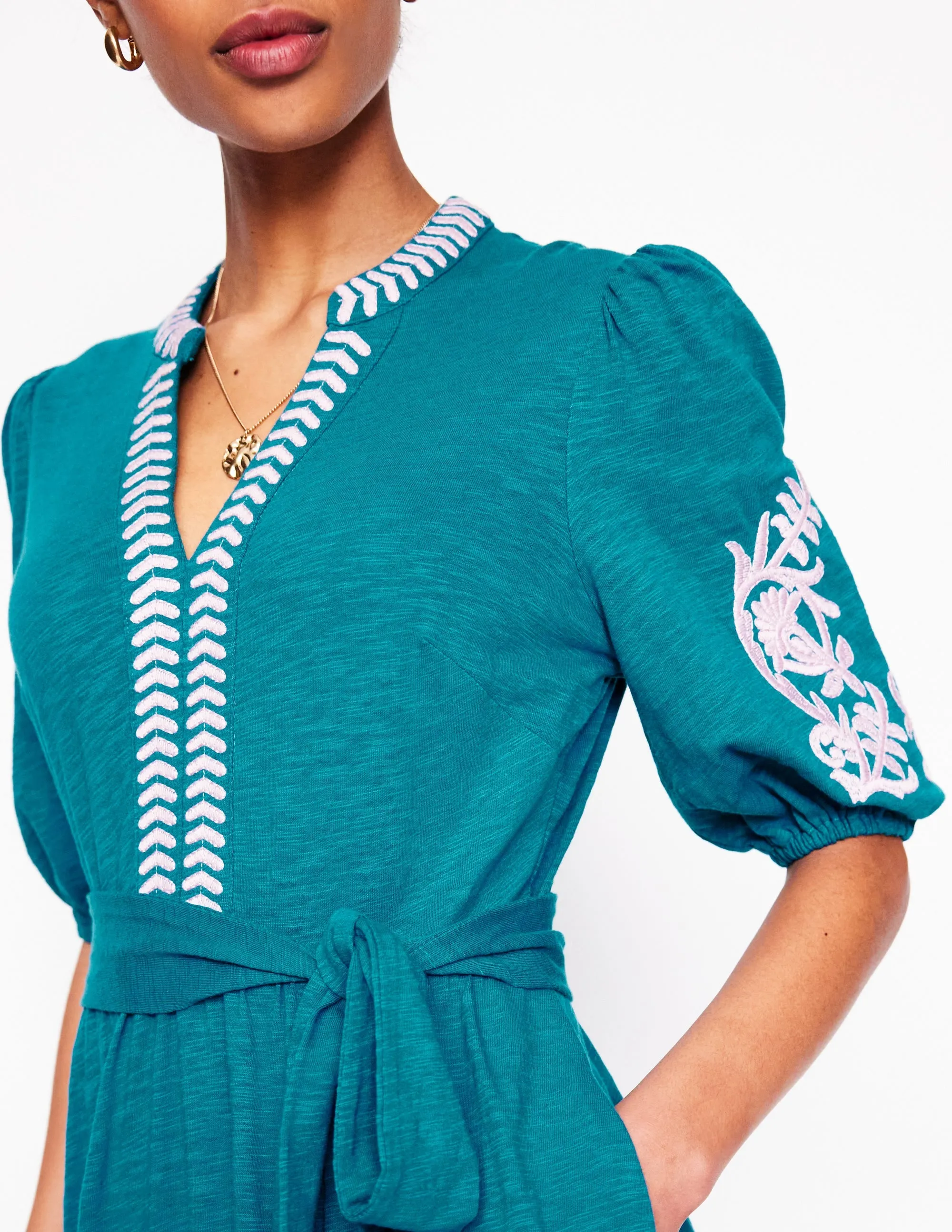 Amara Embroidered Jersey Dress-Deep Sea. Meadowsweet Pink
