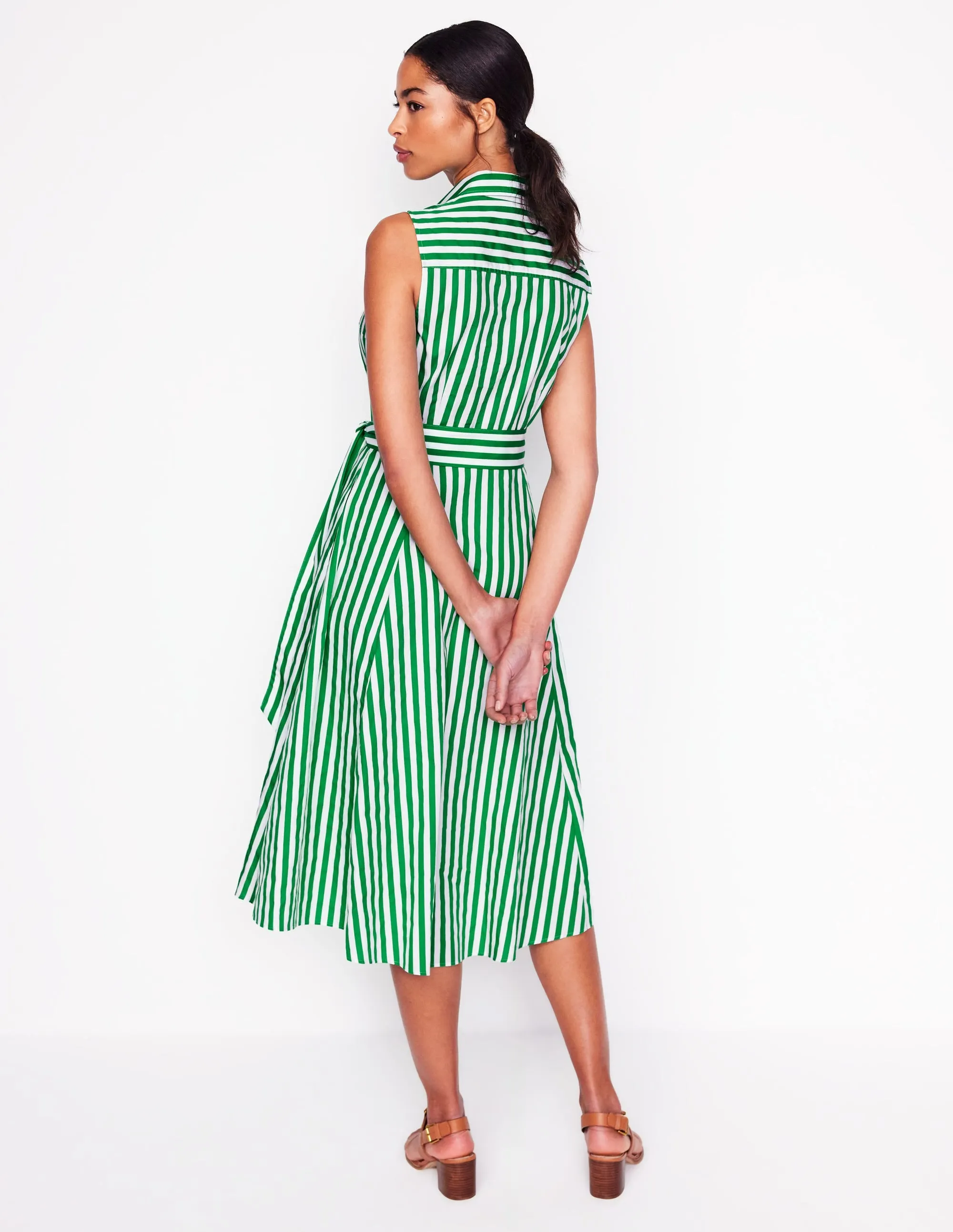 Amy Sleeveless Shirt Dress-Rich Emerald Stripe