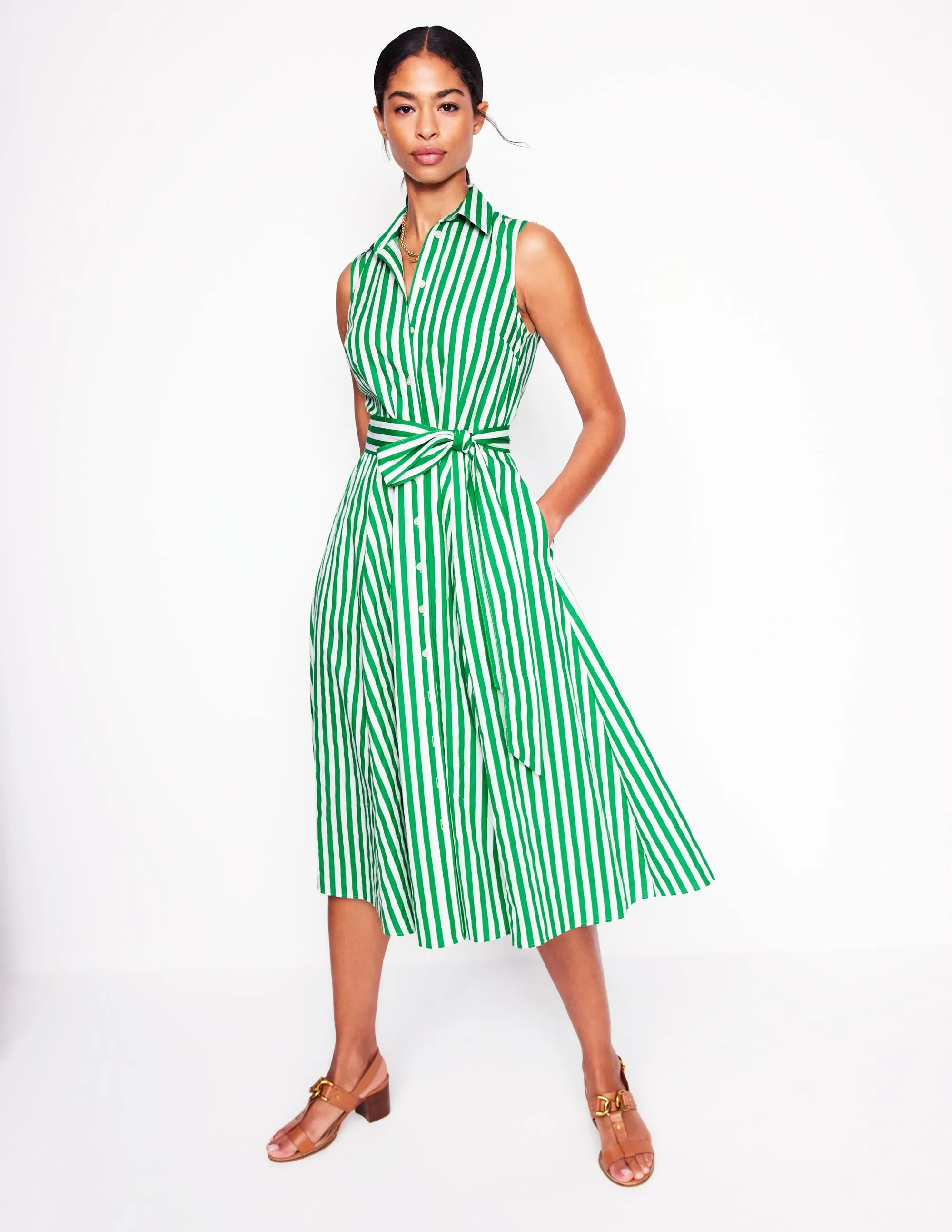 Amy Sleeveless Shirt Dress-Rich Emerald Stripe
