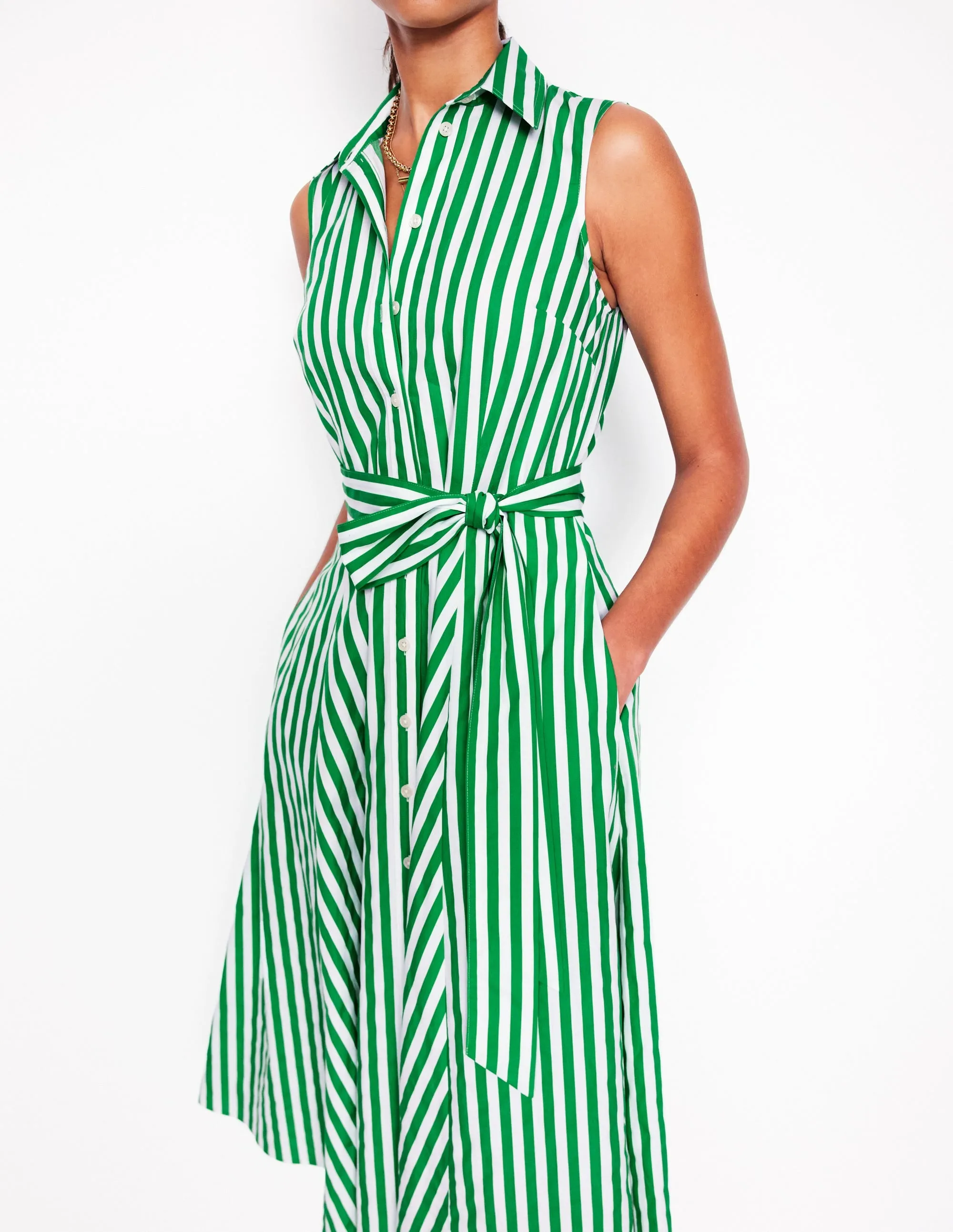 Amy Sleeveless Shirt Dress-Rich Emerald Stripe