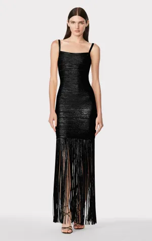 BANDED FOIL FRINGE GOWN
