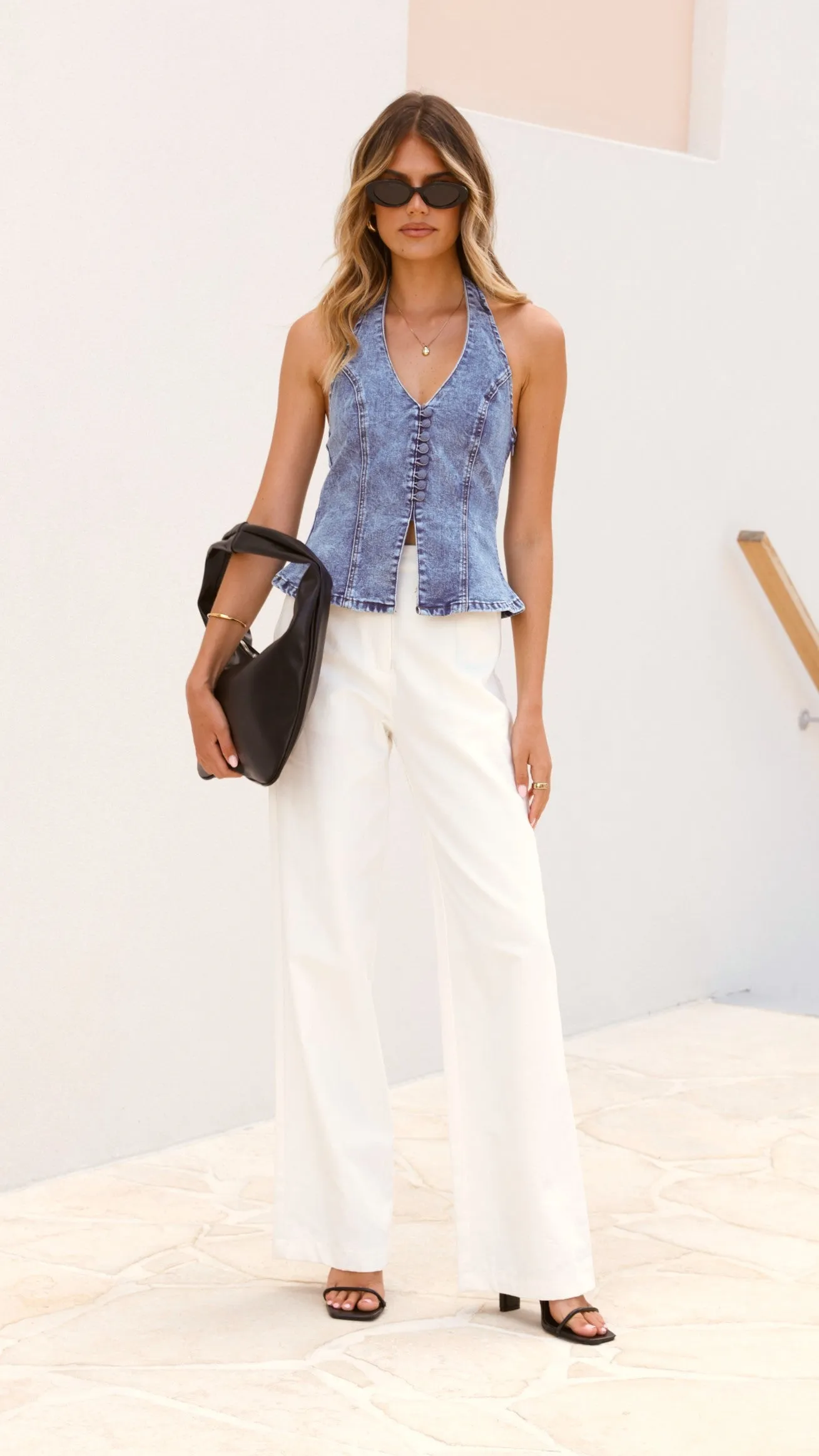 Basira Halterneck Vest - Mid Blue Denim