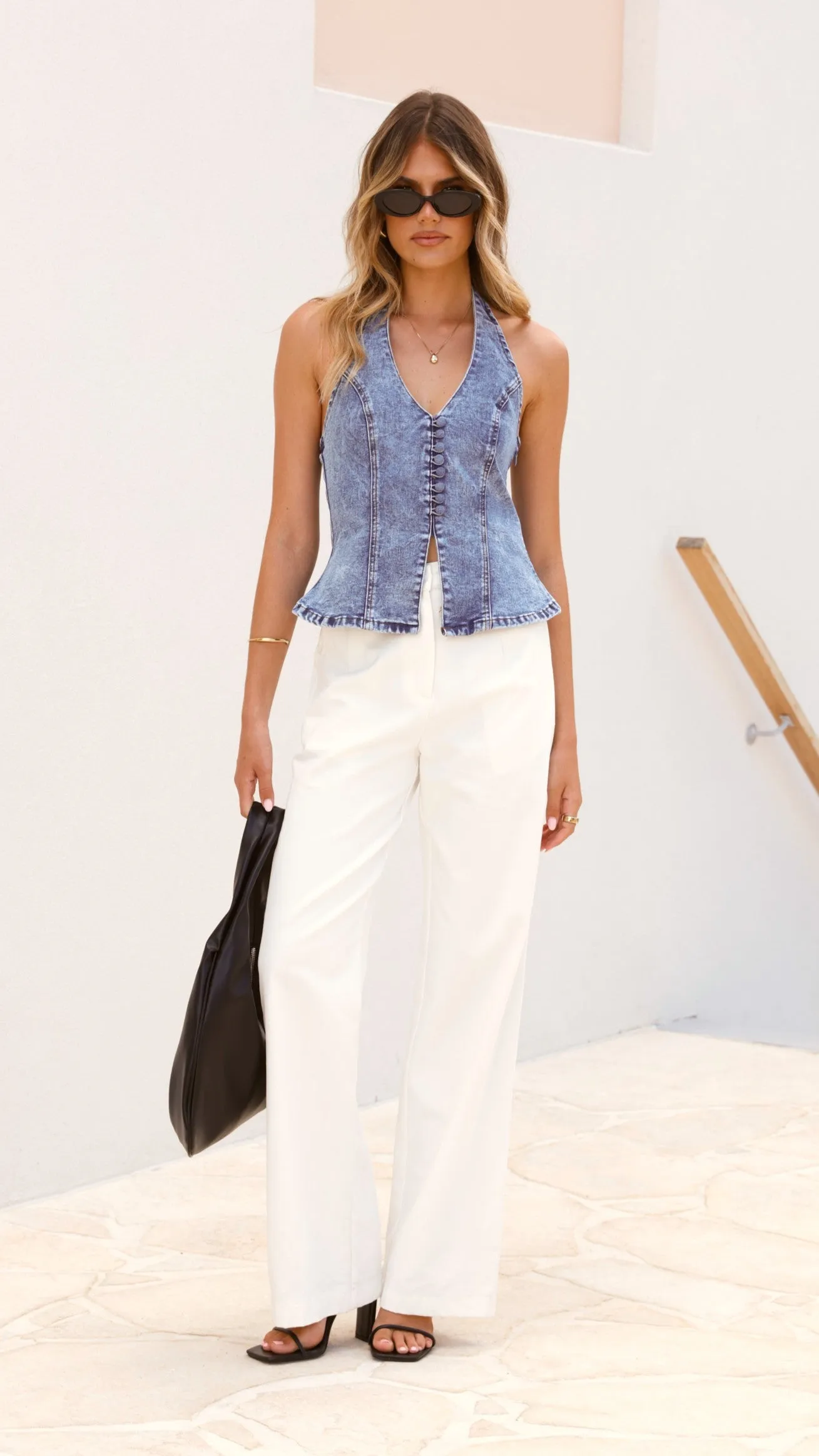 Basira Halterneck Vest - Mid Blue Denim