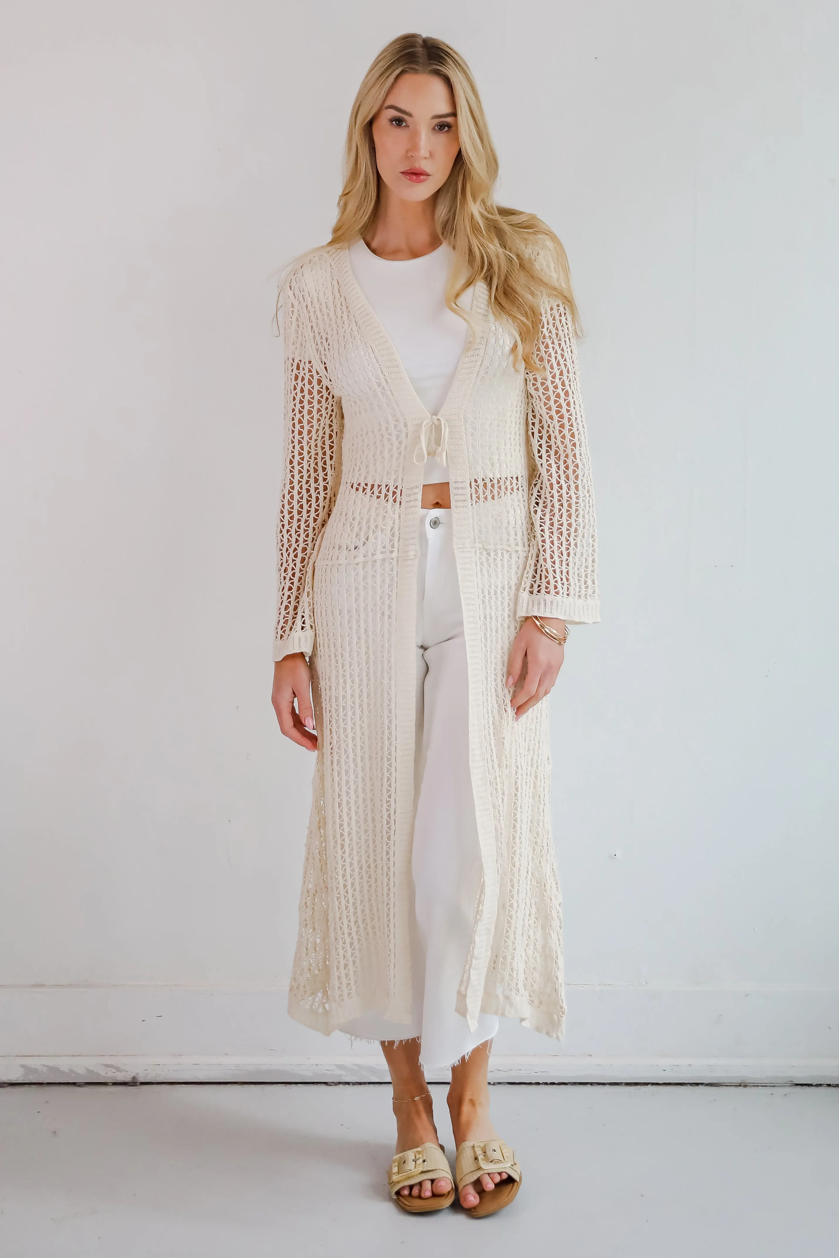 Beachy Tidings Cream Crochet Longline Kimono