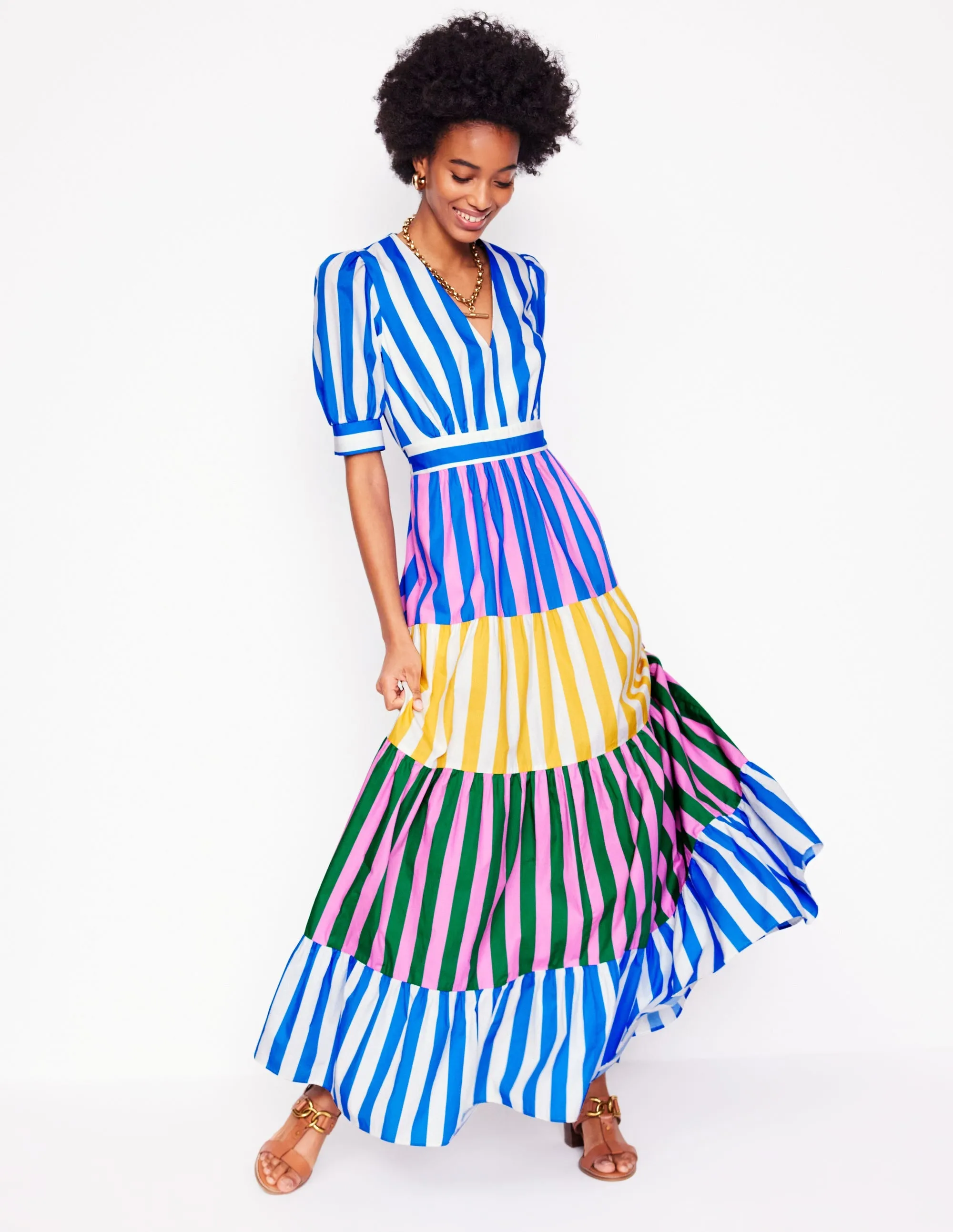 Bella Puff Sleeve Maxi Dress-Kingfisher Blue Stripe