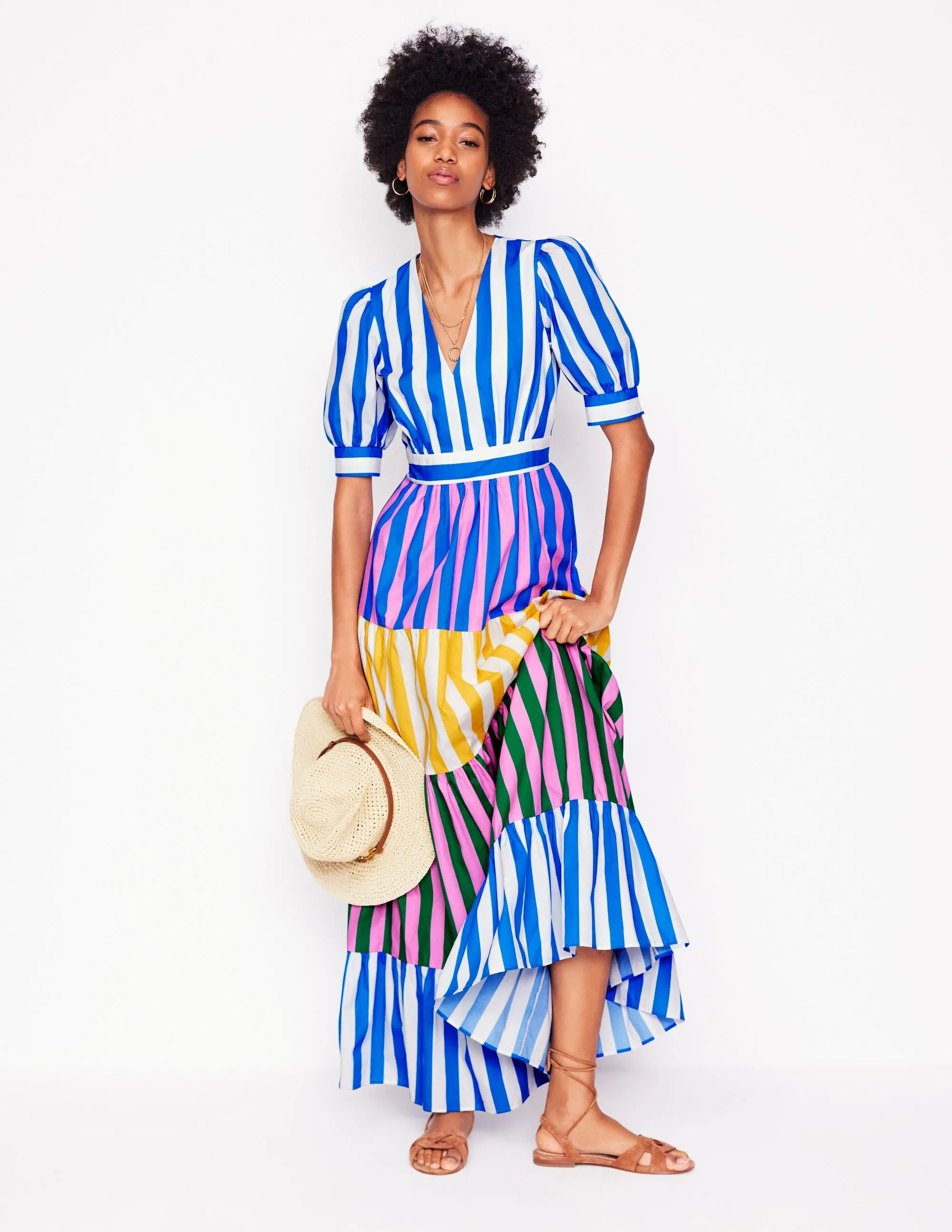 Bella Puff Sleeve Maxi Dress-Kingfisher Blue Stripe