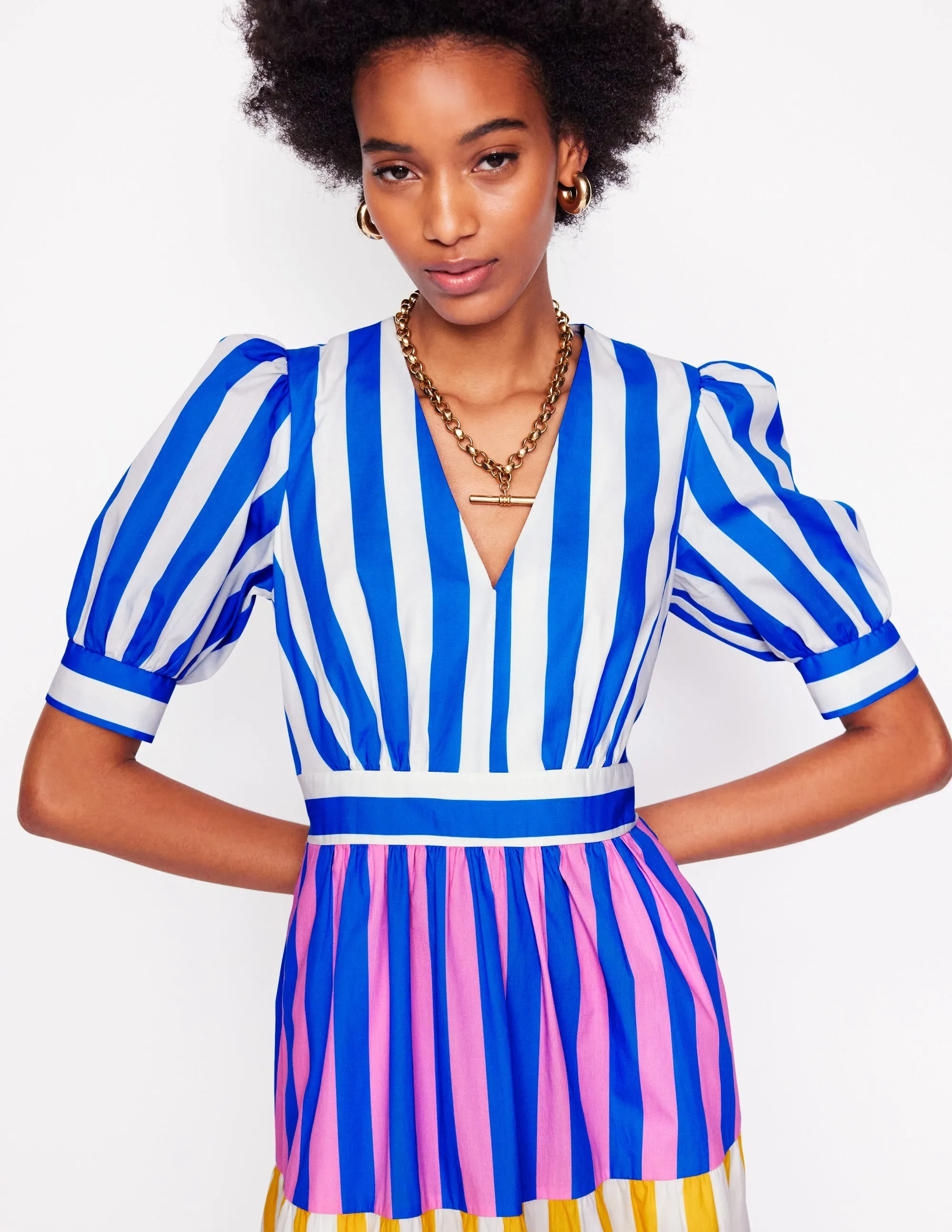 Bella Puff Sleeve Maxi Dress-Kingfisher Blue Stripe