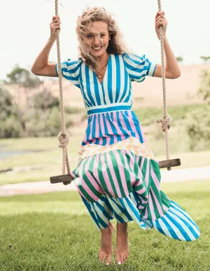 Bella Puff Sleeve Maxi Dress-Kingfisher Blue Stripe