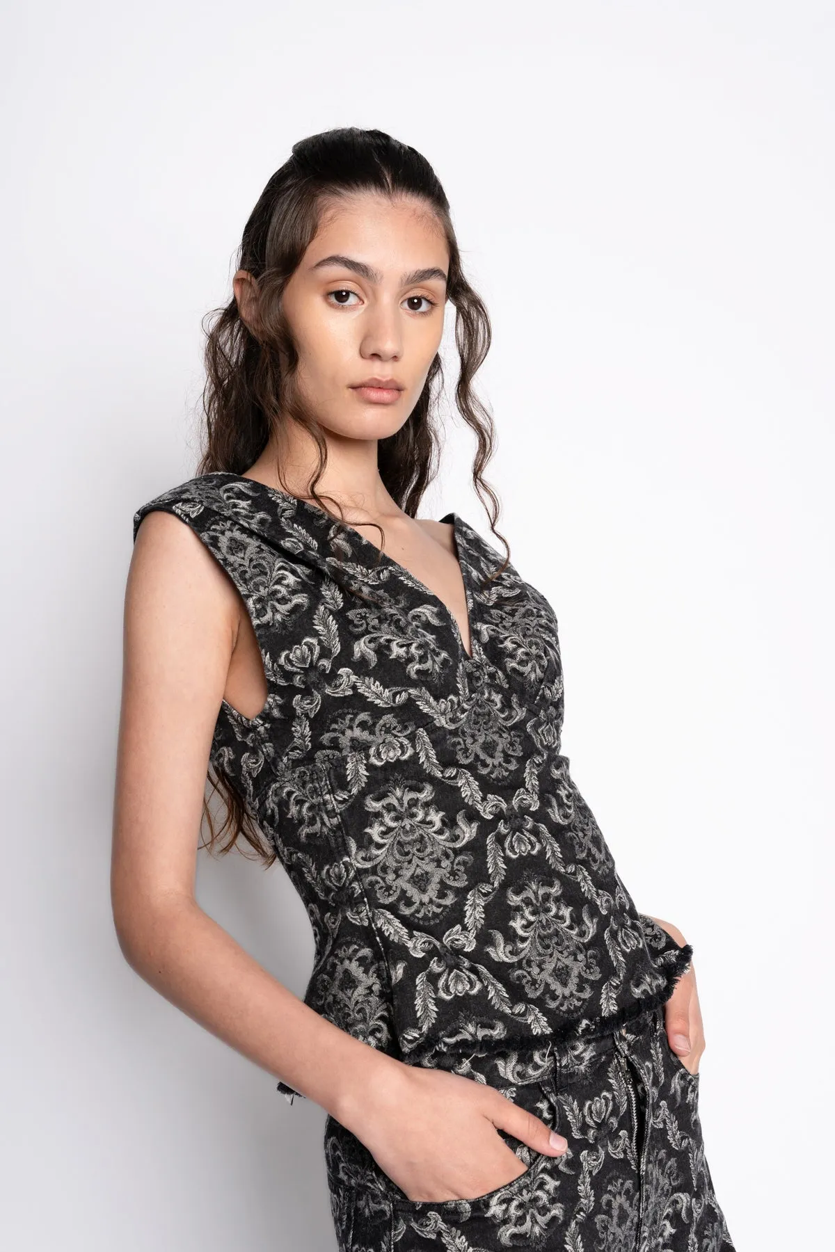 BLACK BROCADE DENIM FITTED OFF SHOULDER TOP