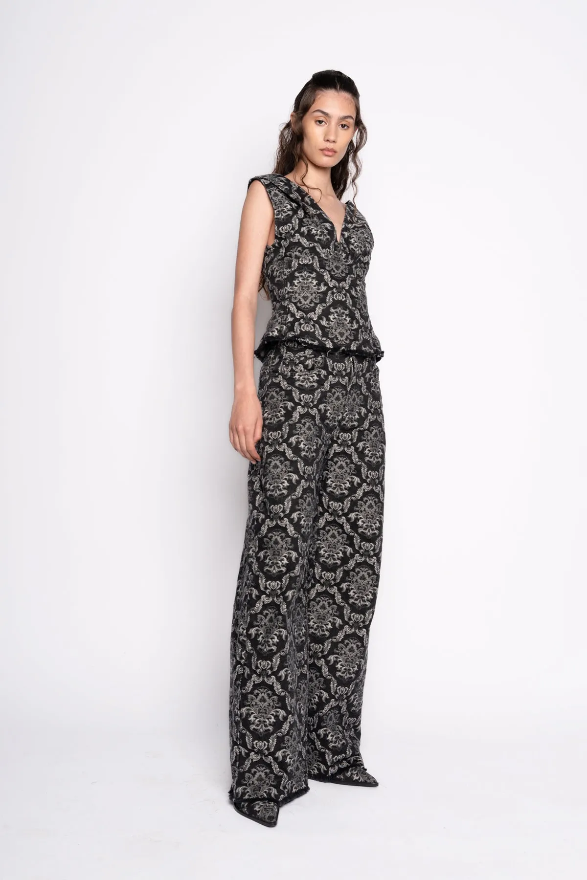 BLACK BROCADE DENIM FITTED OFF SHOULDER TOP