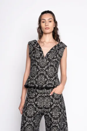BLACK BROCADE DENIM FITTED OFF SHOULDER TOP