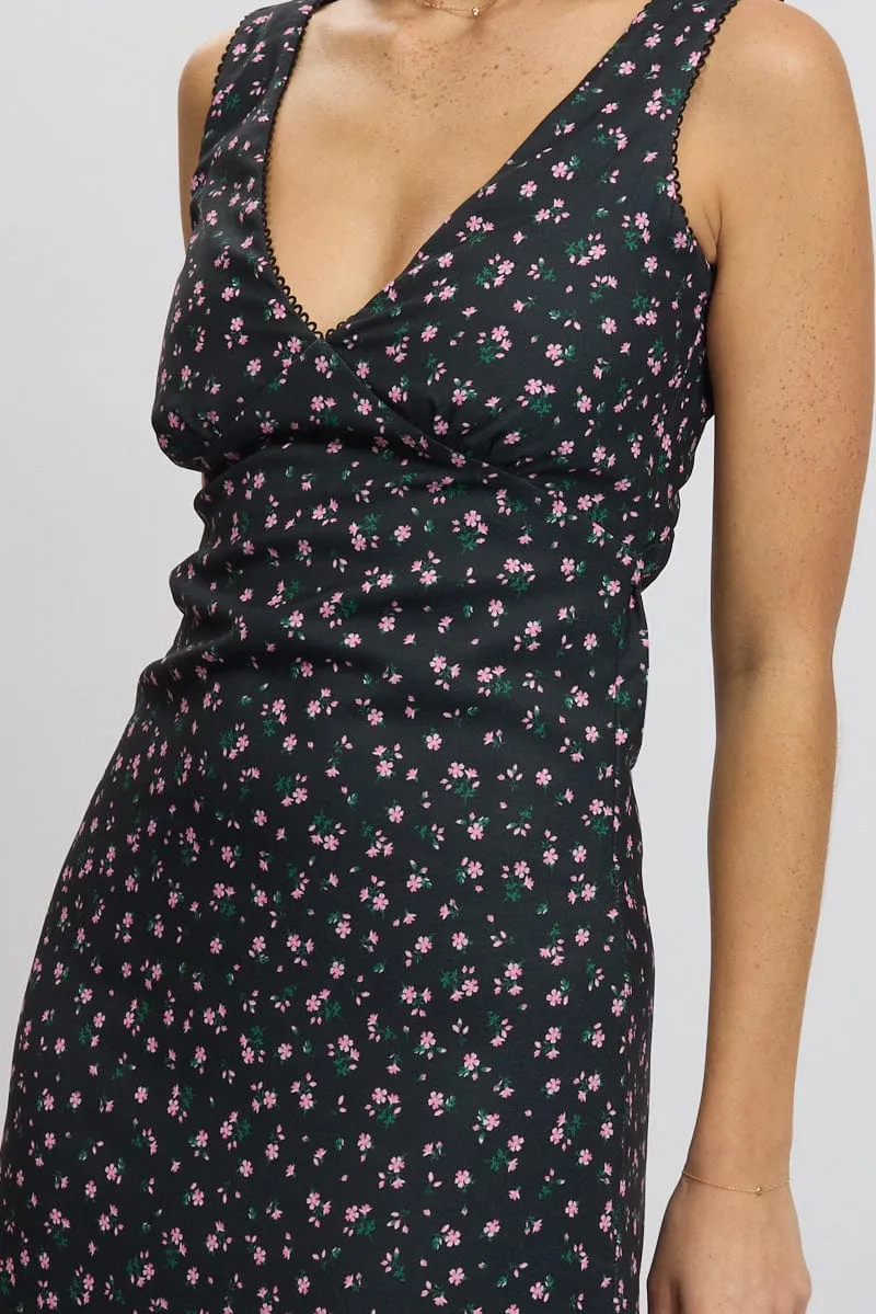 Black Ditsy Maxi Dress V-Neck