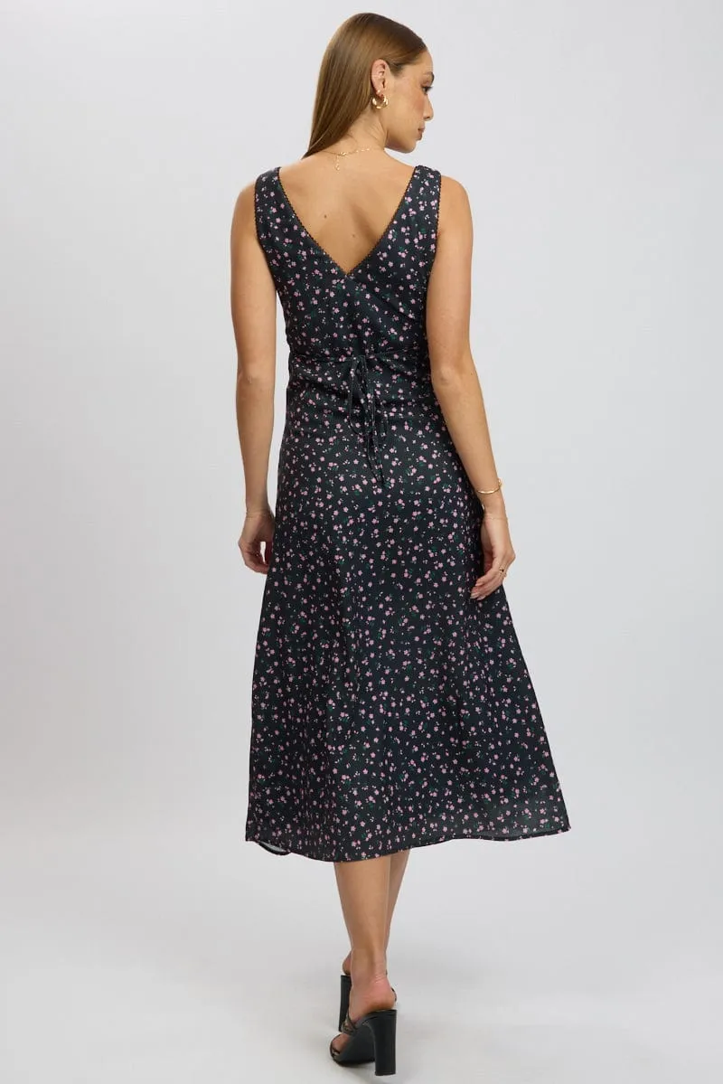 Black Ditsy Maxi Dress V-Neck