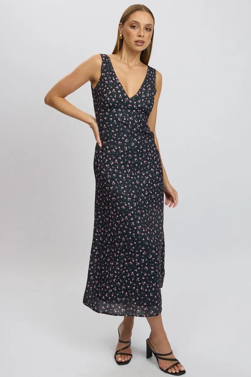 Black Ditsy Maxi Dress V-Neck