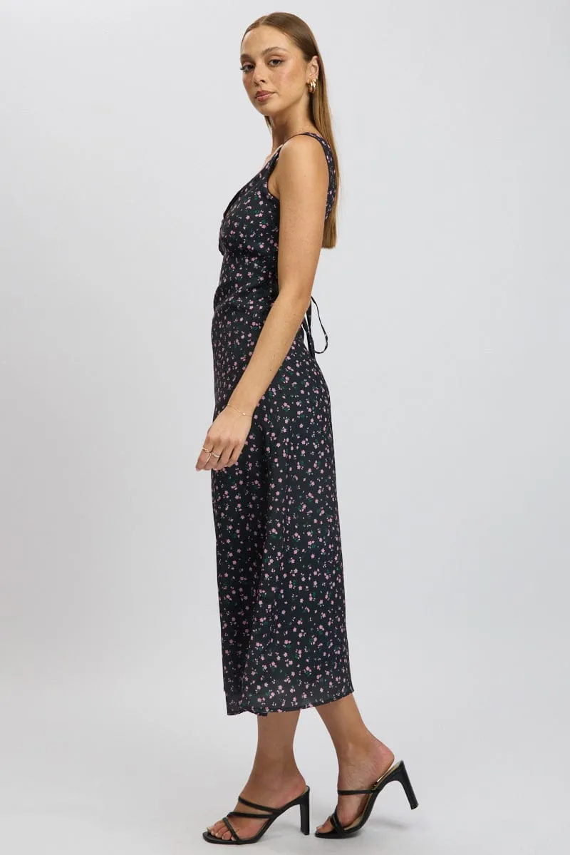 Black Ditsy Maxi Dress V-Neck