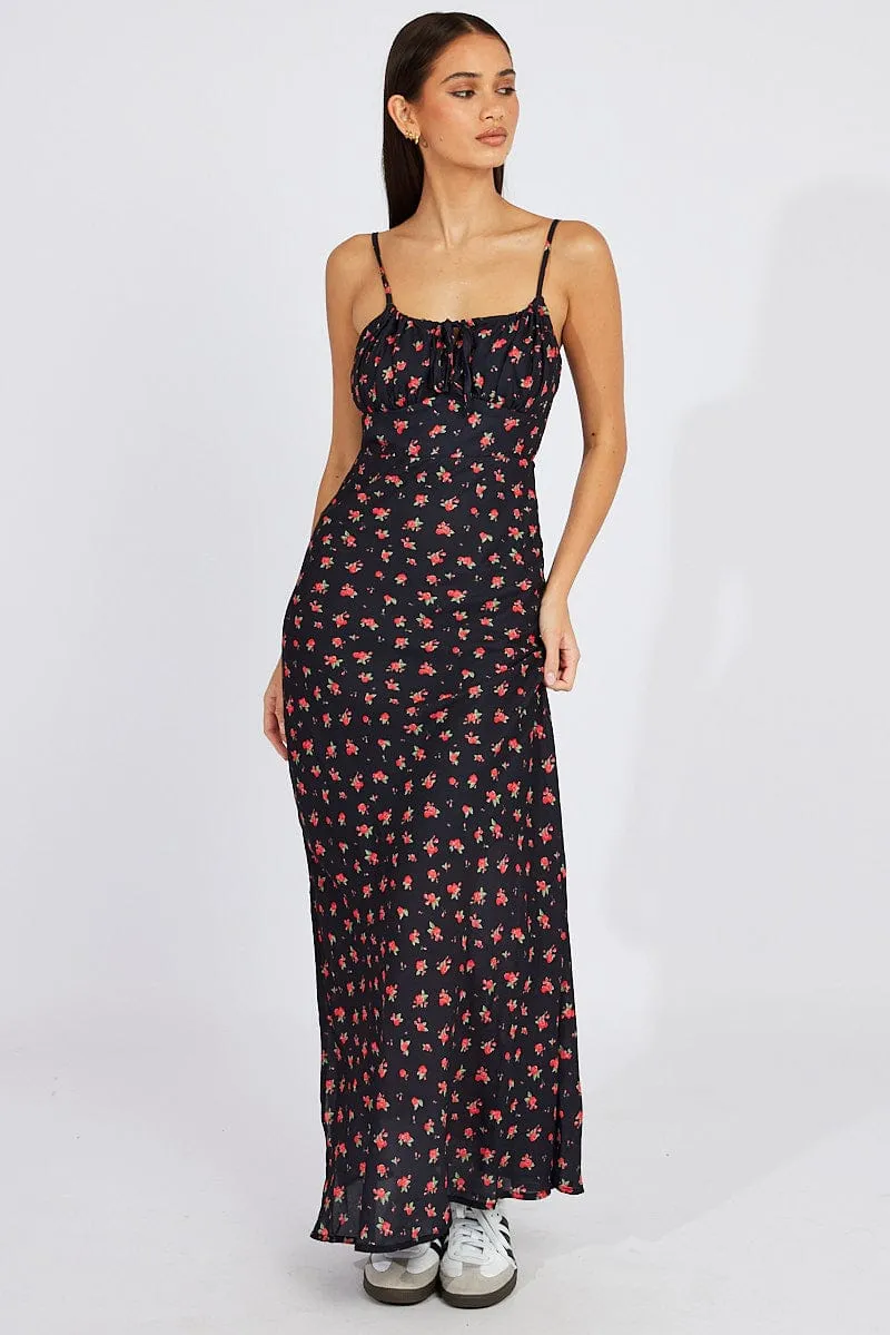 Black Floral Midi Dress Gathering Bust Sleeveless