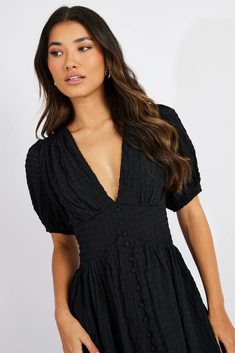 Black Midi Dress Puff Sleeve