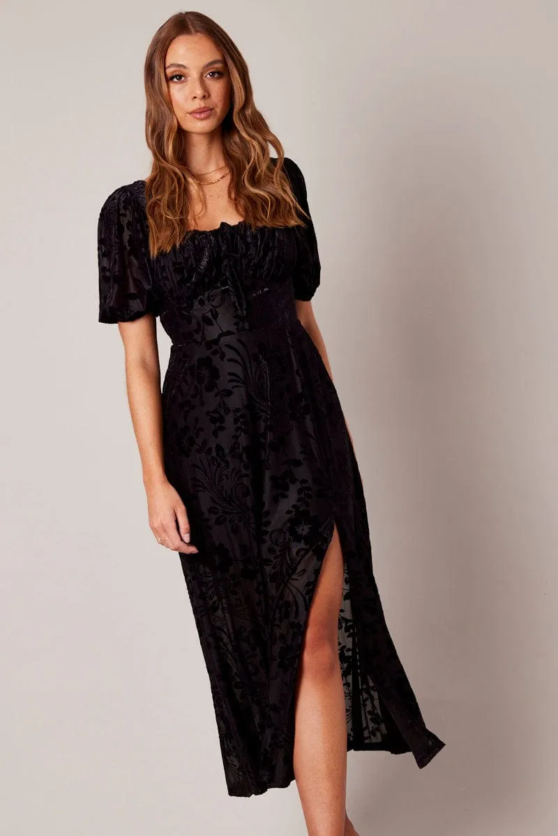 Black Midi Dress Short Sleeve Side Split