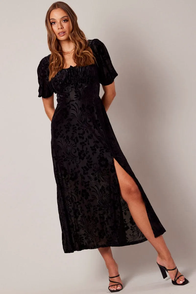Black Midi Dress Short Sleeve Side Split