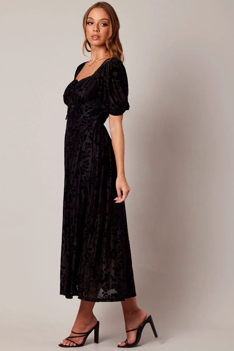 Black Midi Dress Short Sleeve Side Split