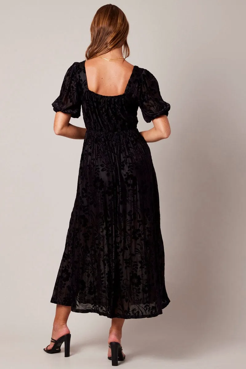 Black Midi Dress Short Sleeve Side Split