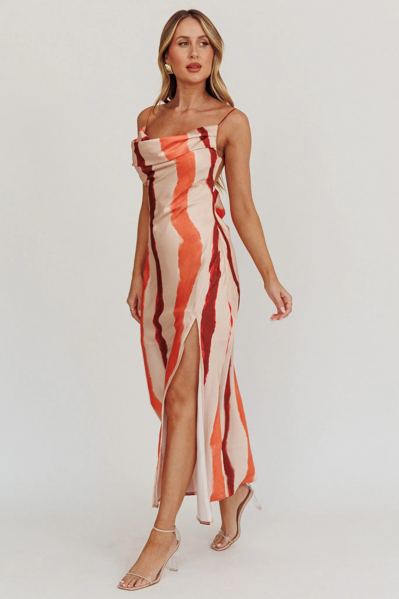 Blondine Cowl Bust Split Maxi Dress Peach