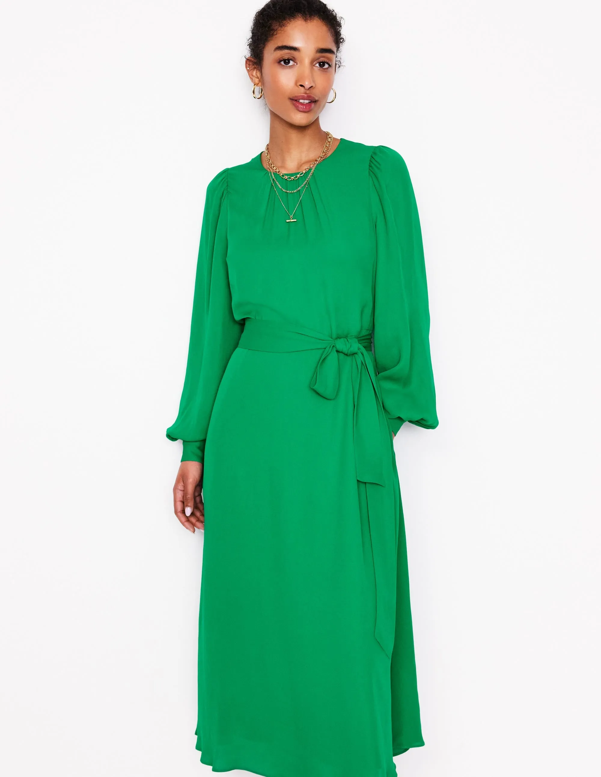 Blouson Sleeve Midi Dress-Rich Emerald