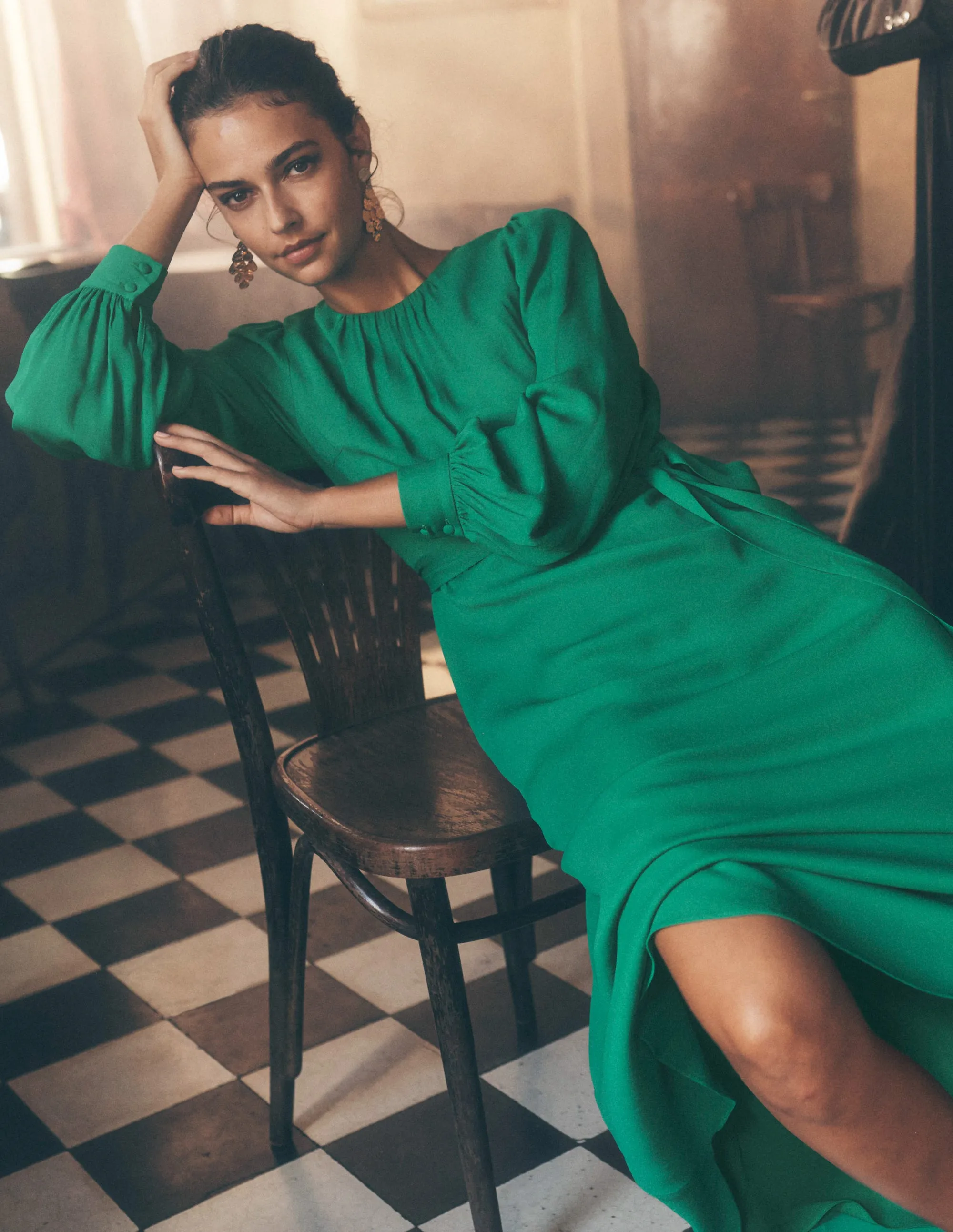 Blouson Sleeve Midi Dress-Rich Emerald