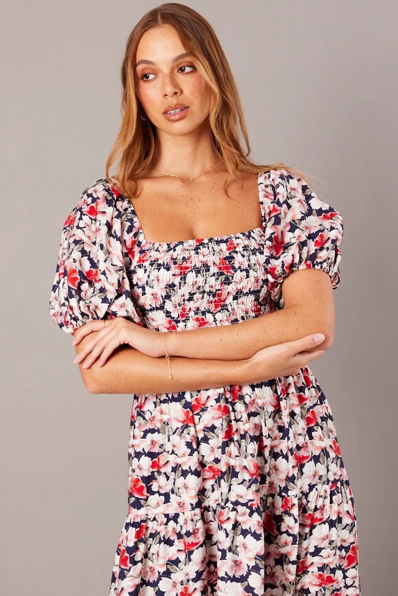 Blue Floral Midi Dress Puff Sleeve Shirred Bust