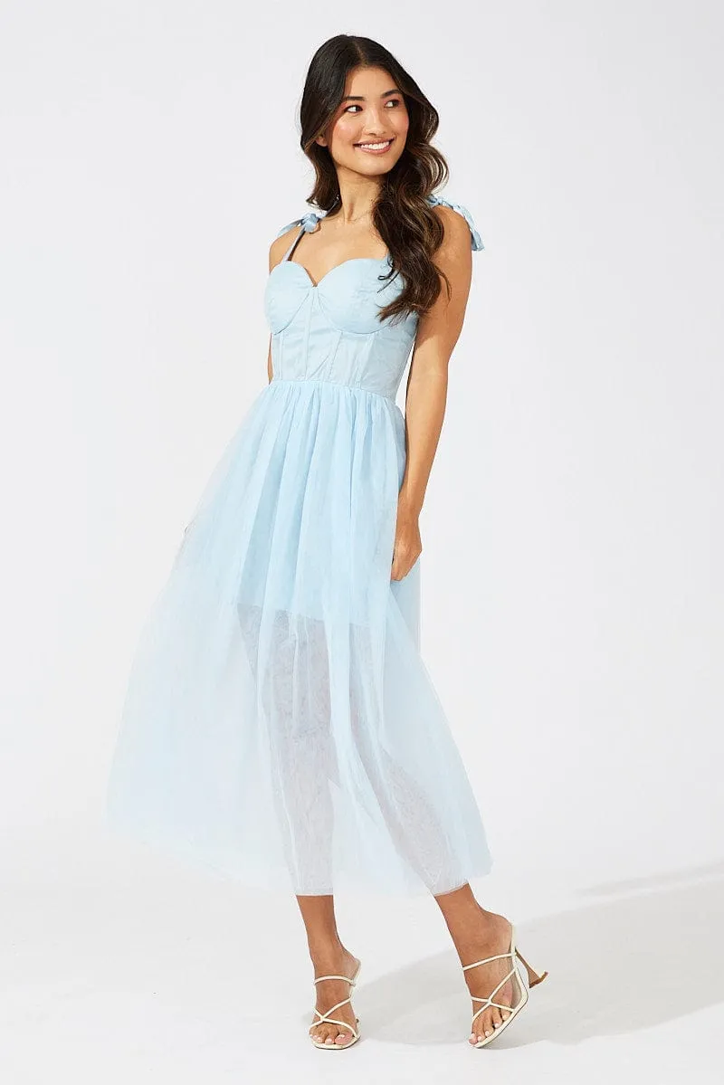Blue Midi Dress Tulle Corset Detail Occasion Dress