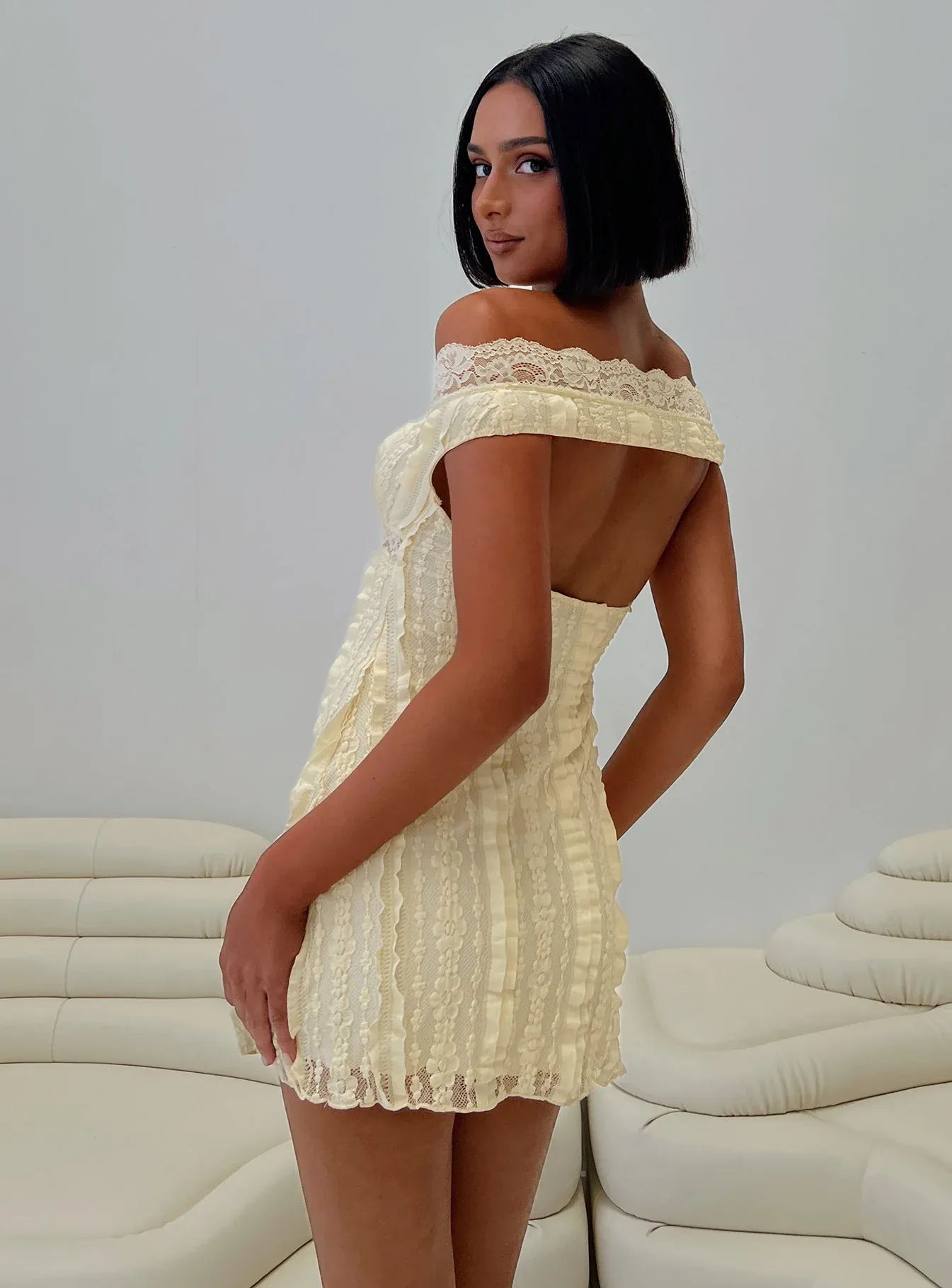 Bonnin Off The Shoulder Lace Mini Dress Yellow