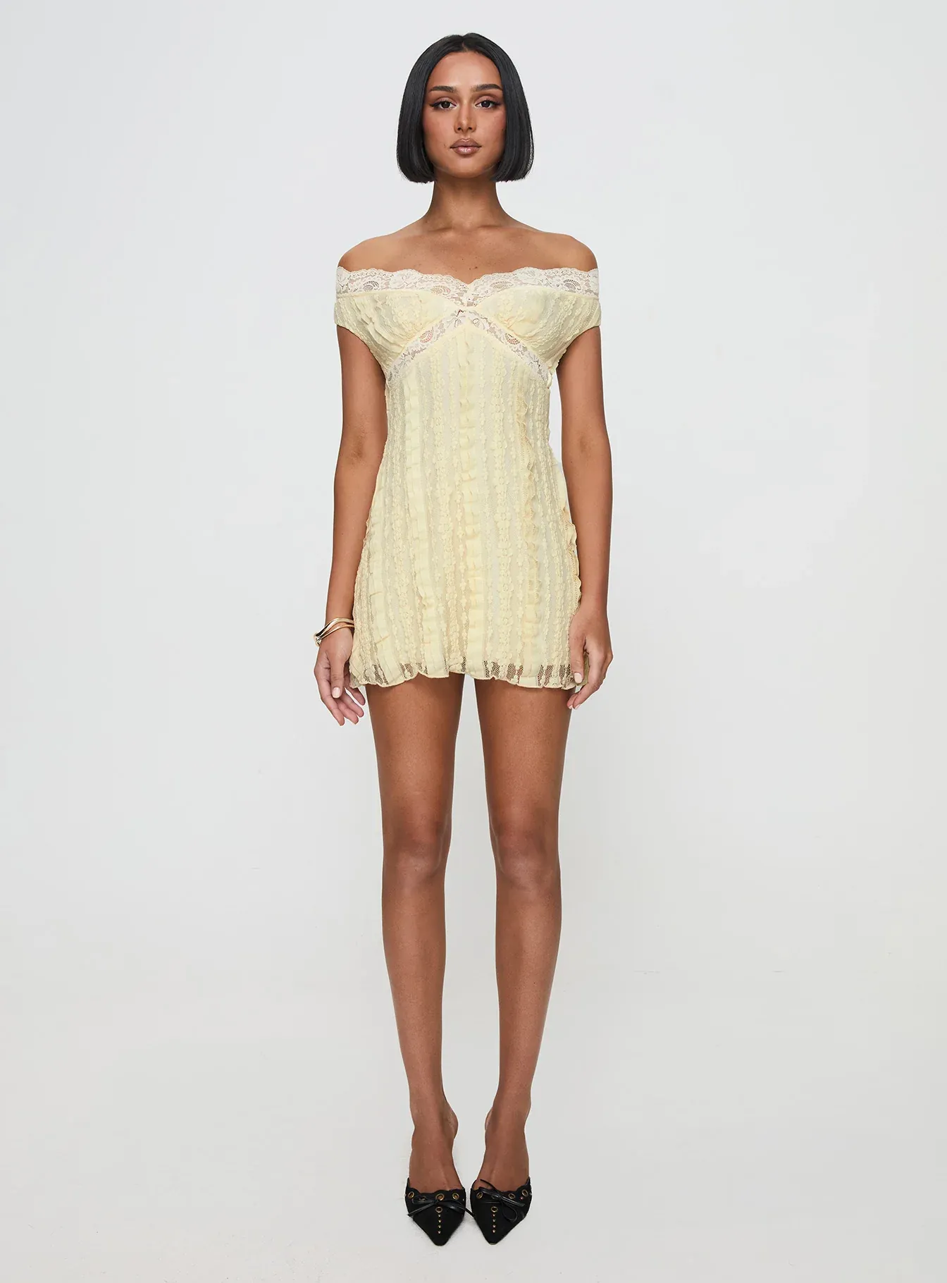 Bonnin Off The Shoulder Lace Mini Dress Yellow