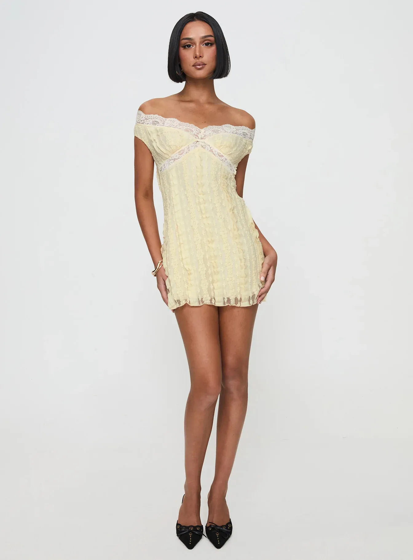 Bonnin Off The Shoulder Lace Mini Dress Yellow