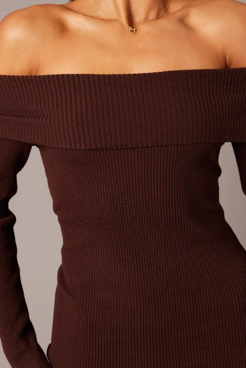 Brown Knit Dress Long Sleeve Mini