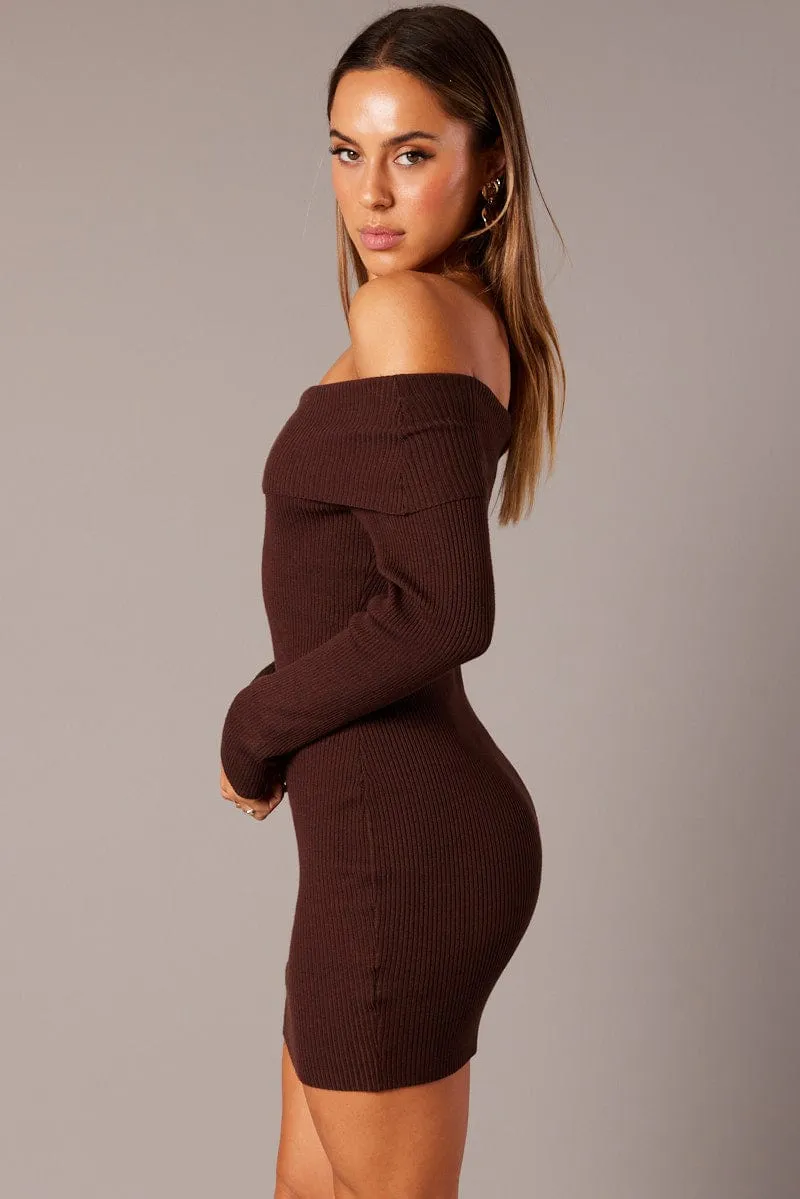 Brown Knit Dress Long Sleeve Mini