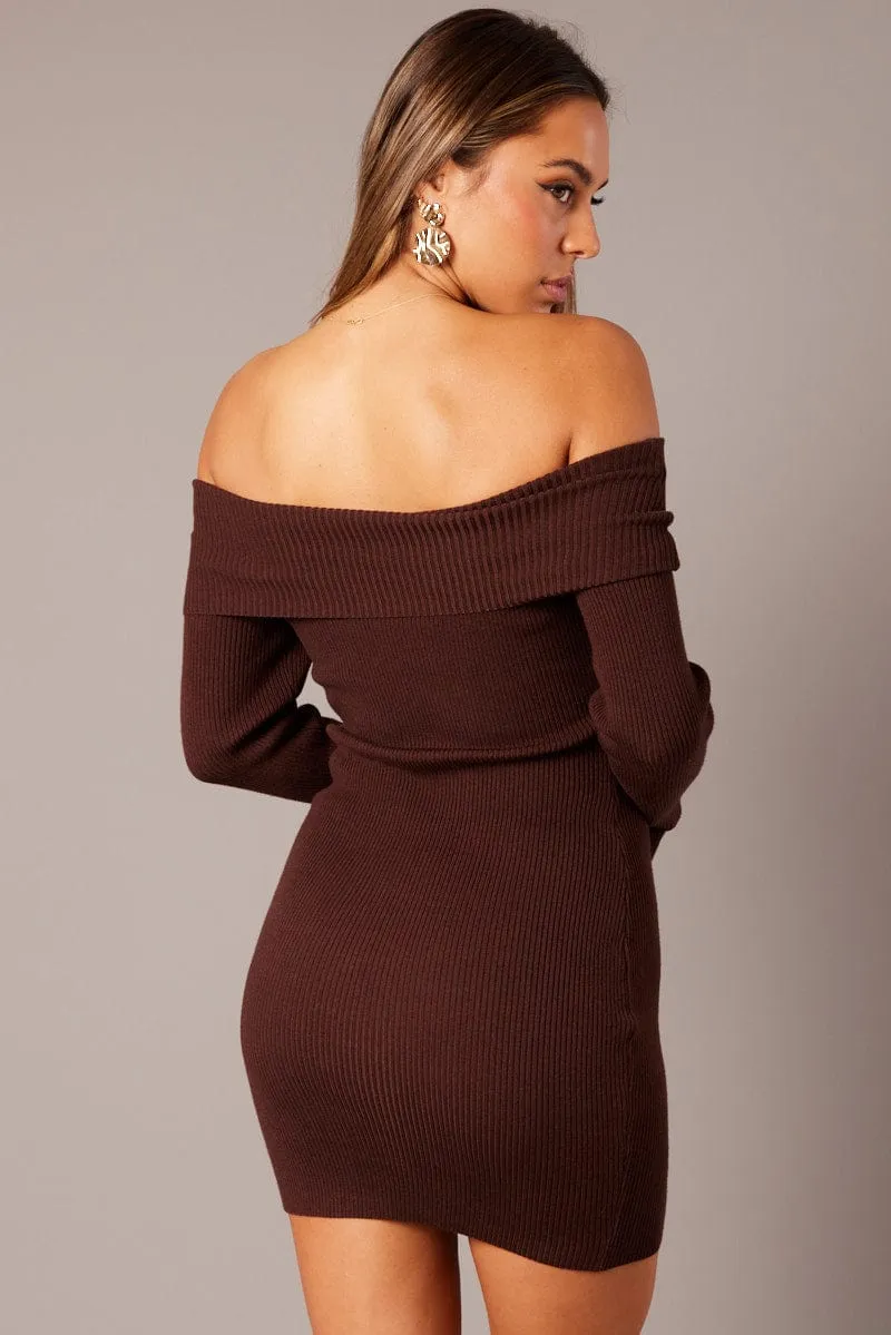 Brown Knit Dress Long Sleeve Mini