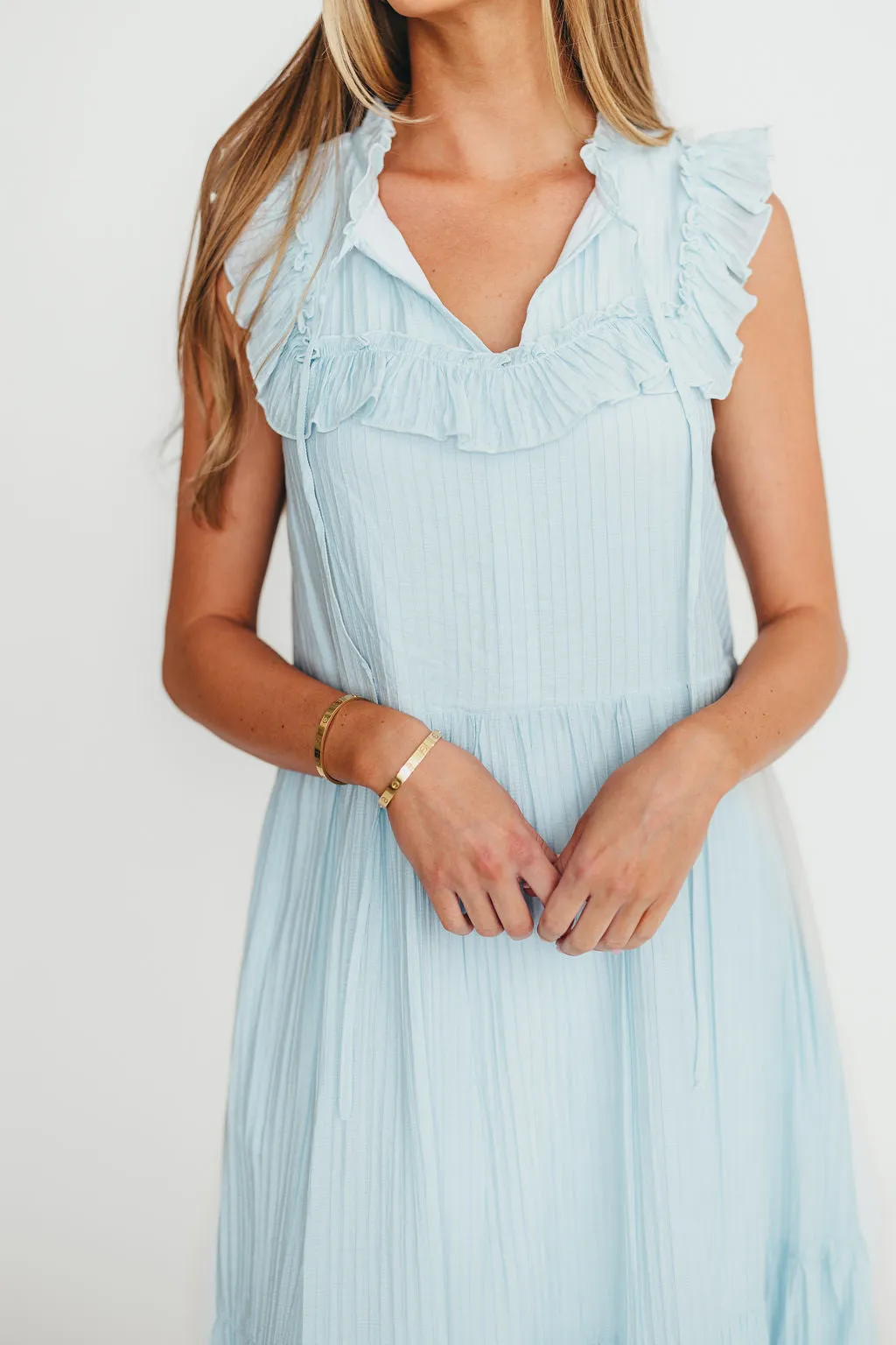 Brynn Ruffle Tiered Midi Dress in Blue