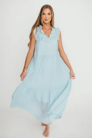 Brynn Ruffle Tiered Midi Dress in Blue